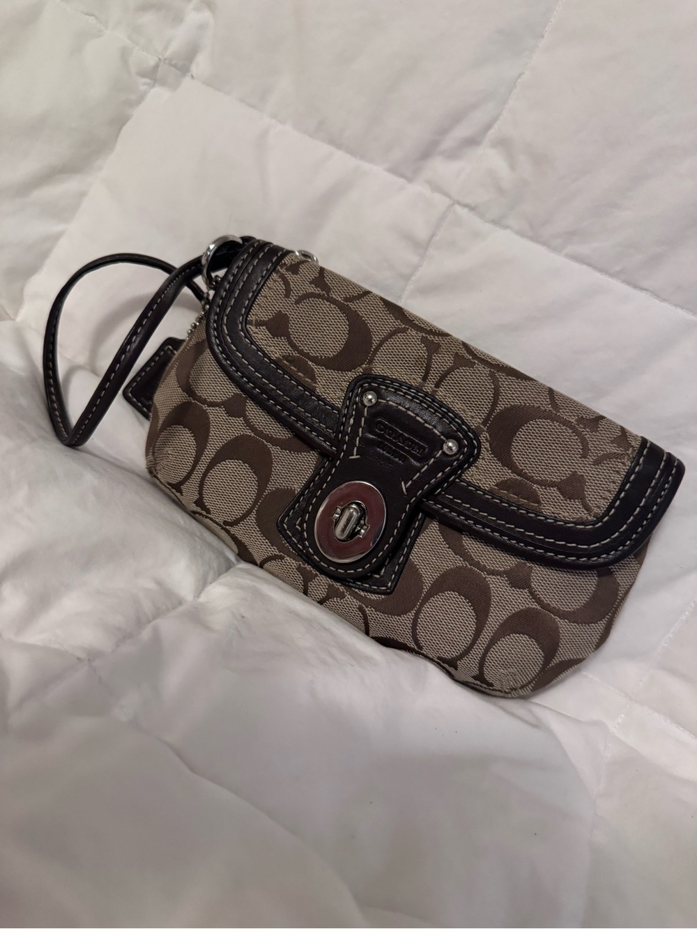 Coach Brown Signature Canvas Turn-Lock Wristlet